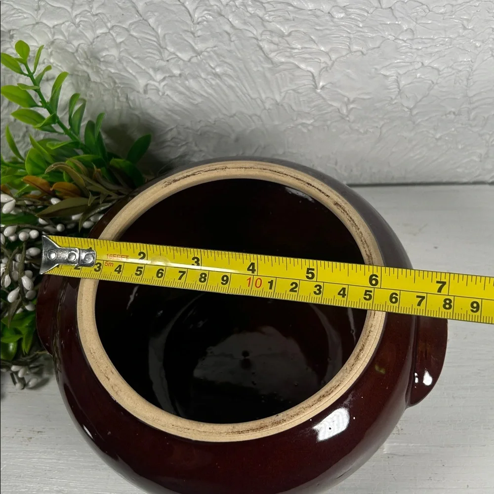 VTG Brown Bean Pot Made in USA Stoneware Dark Brown w/ Lid Handles VTG Farmhouse